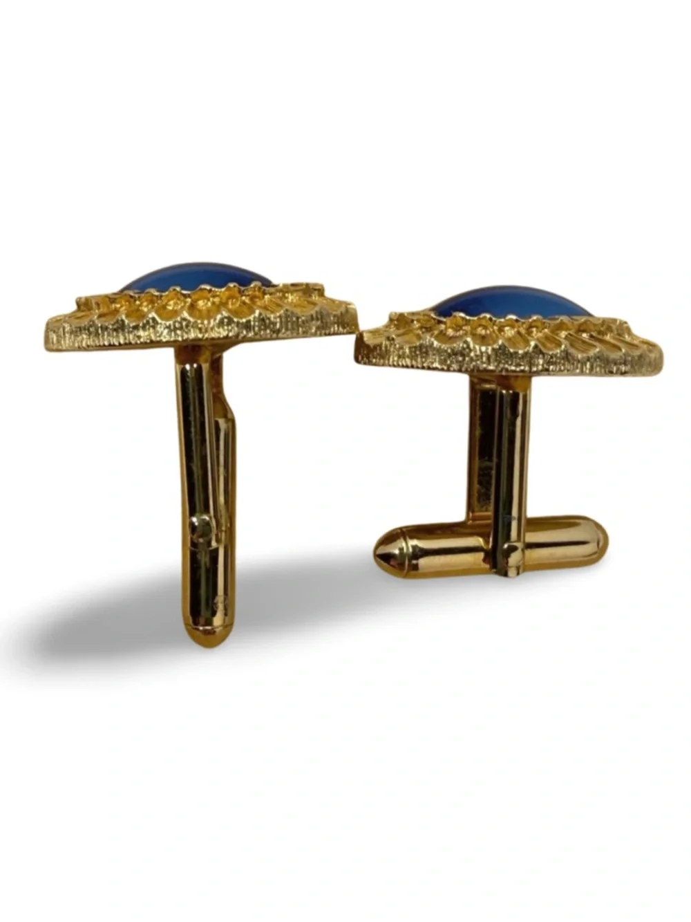 Vintage Gold Tone Blue Cabochon Cufflinks Textured Oval Statement